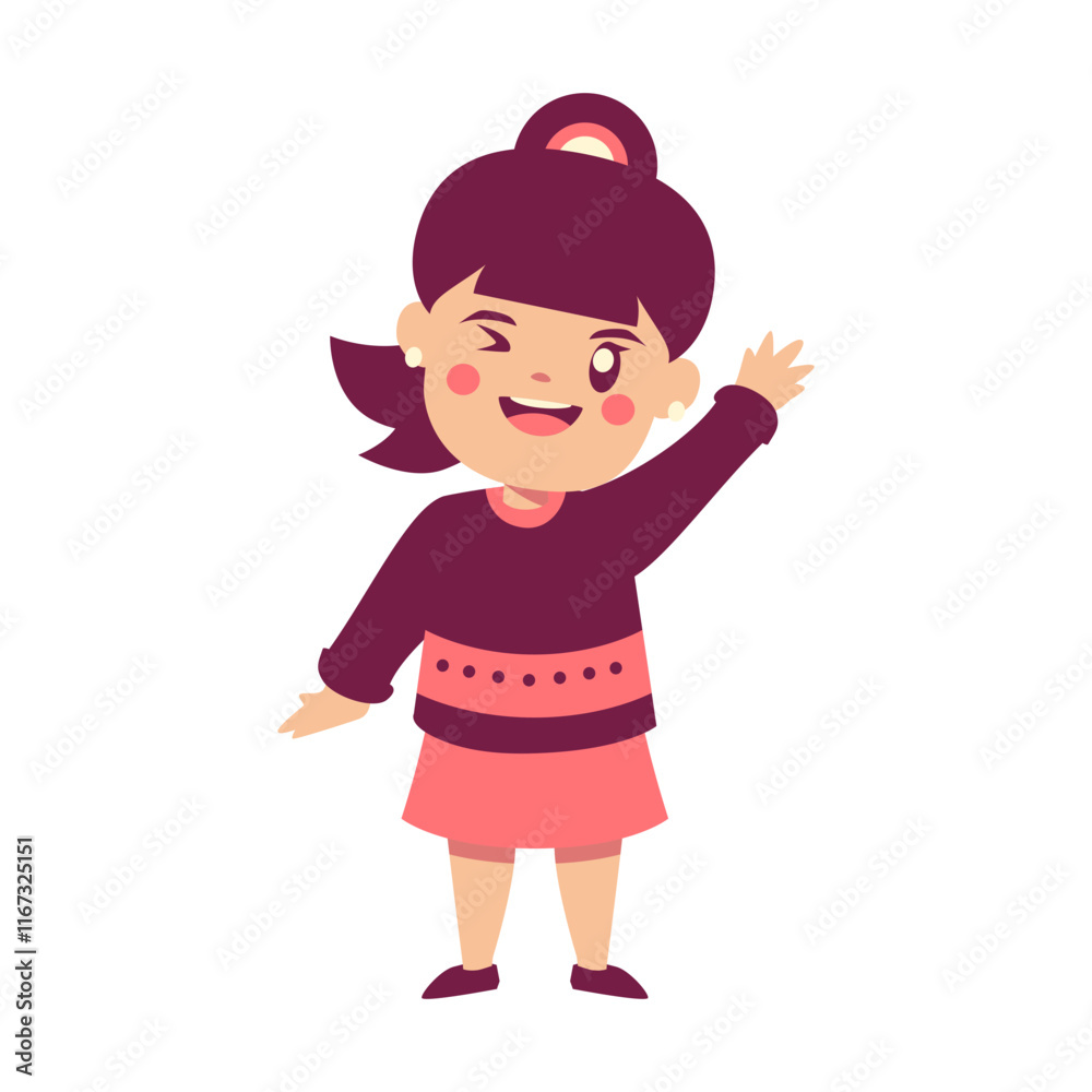 Cheerful Cartoon Girl Waving, Design Inspiration, Object, Template, Character Cheerful Cartoon Girl Waving, Design Inspiration, Object, Template, Character
