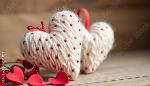 Love concept image with two wool handmade craft hearts for sustainable living lifestyle on valentine's day photo