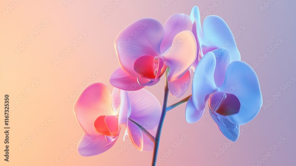 Fototapeta premium Pastel pink and blue orchids on a soft background.