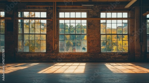 Sunlit Warehouse Interior with Autumnal Views