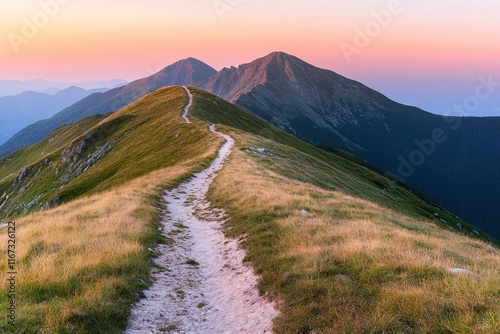 Photo of a green, grassy hill with a mountain path at sunset in the Tatra Mountains, Poland. North-east central Europe top of a high peak overlooking a beautiful valley and mountains during a summer