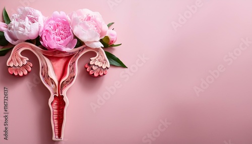 symbolic model of the uterus with peonies flowers on a pink history