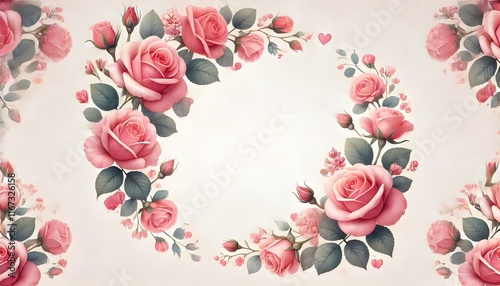 Valentine's Day roses border in watercolor style, blank light pink background. watercolor floral background