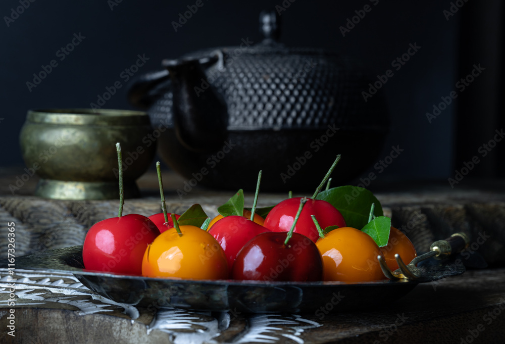 Deletable imitation fruits (Kanom look choup) in the shape of oranges, rose apple and strawberries has a sweet taste. Traditional Thai sweet treats made from mung beans and coconut milk, glazed jelly.