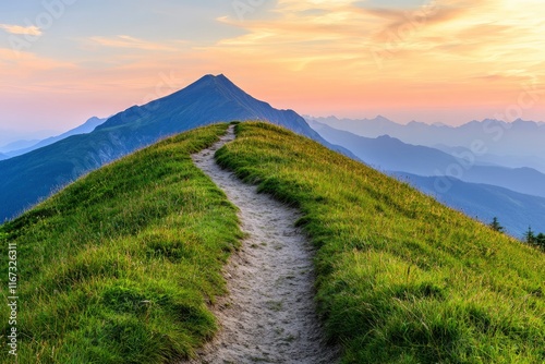 Photo of a green, grassy hill with a mountain path at sunset in the Tatra Mountains, Poland. North-east central Europe top of a high peak overlooking a beautiful valley and mountains during a summer