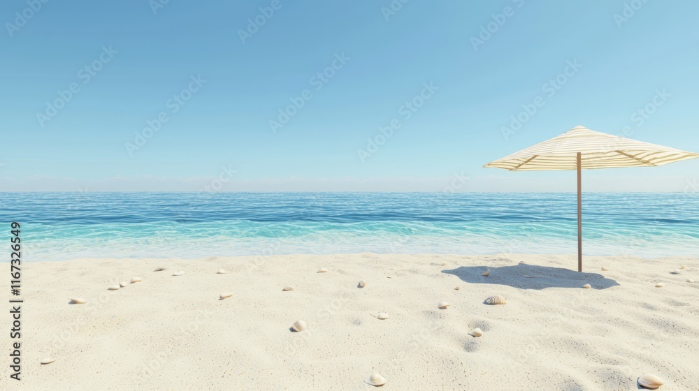 Serene Beach Retreat: Tranquil Shoreline with Crystal Clear Waters, Seashells, and Beach Umbrella on White Sand with Blue Sky. Serene Beach Retreat: Tranquil Shoreline with Crystal Clear Waters, Seashells, and Beach Umbrella on White Sand with Blue Sky.