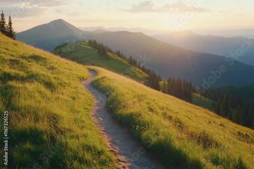 Photo of a green, grassy hill with a mountain path at sunset in the Tatra Mountains, Poland. North-east central Europe top of a high peak overlooking a beautiful valley and mountains during a summer