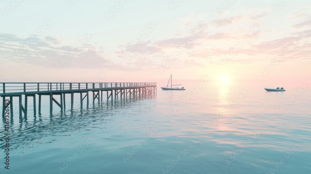 Obraz premium Tranquil Seaside Sunset: Photorealistic View of Wooden Pier, Fishing Boats, and Reflections in Calm Waters