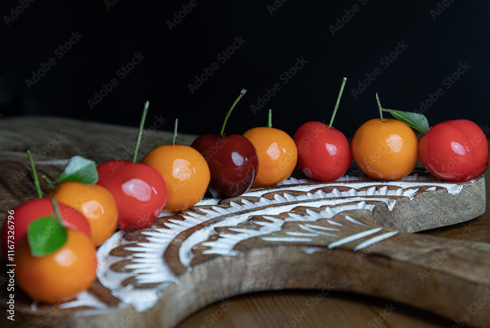 Traditional thai sweet treats made from mung beans and coconut milk, and glazed in shiny agar agar jelly. Deletable imitation fruits (Kanom look choup) in the shape of fruits has a sweet taste on wood