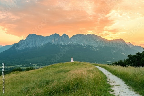 Photo of a green, grassy hill with a mountain path at sunset in the Tatra Mountains, Poland. North-east central Europe top of a high peak overlooking a beautiful valley and mountains during a summer