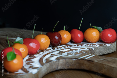 Obraz na płótnie Traditional thai sweet treats made from mung beans and coconut milk, and glazed in shiny agar agar jelly. Deletable imitation fruits (Kanom look choup) in the shape of fruits has a sweet taste on wood w salonie