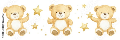 Cute glittering teddy bear clipart set with gold and white stars for spring design