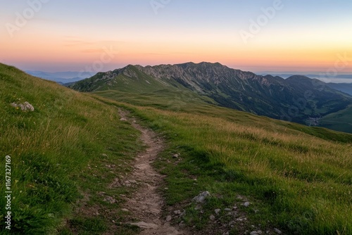 Photo of a green, grassy hill with a mountain path at sunset in the Tatra Mountains, Poland. North-east central Europe top of a high peak overlooking a beautiful valley and mountains during a summer