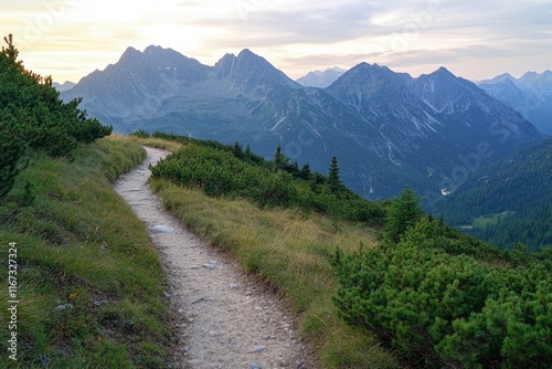 Photo of a green, grassy hill with a mountain path at sunset in the Tatra Mountains, Poland. North-east central Europe top of a high peak overlooking a beautiful valley and mountains during a summer