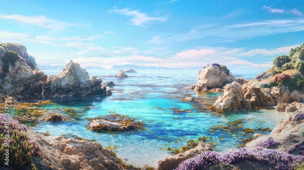 Seaside Symphony: A Photorealistic Exploration of Vibrant Marine Life Along a Rugged Coastline Seaside Symphony: A Photorealistic Exploration of Vibrant Marine Life Along a Rugged Coastline