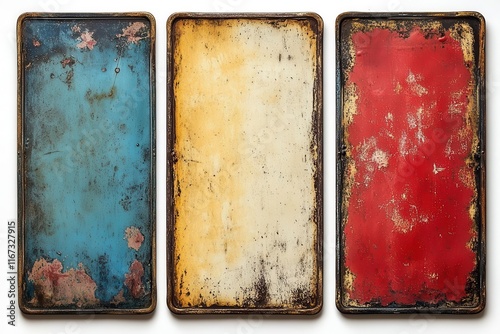 four empty vintage tin signs displayed against a white background ready for customization with text or designs evoking a sense of nostalgia and a rustic aesthetic
