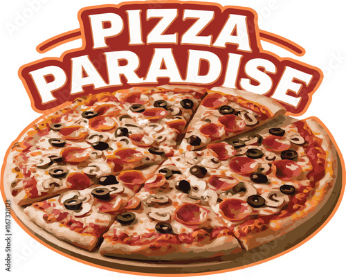 A logo for a pizza shop with a large, juicy pizza with a golden crust and a variety of toppings