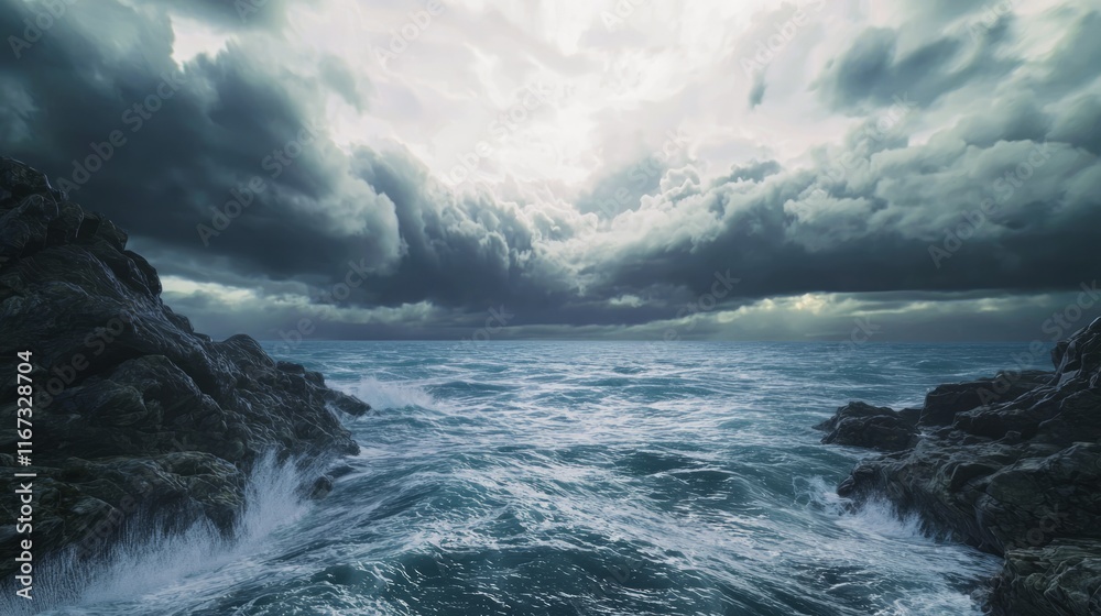 Fototapeta premium Nature's Wrath Unleashed: Dramatic Stormy Ocean Scene with Waves Crashing Against Rocks