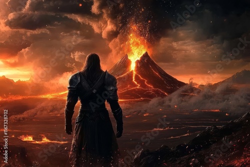 A warrior gazes at an erupting volcano in a dramatic landscape.