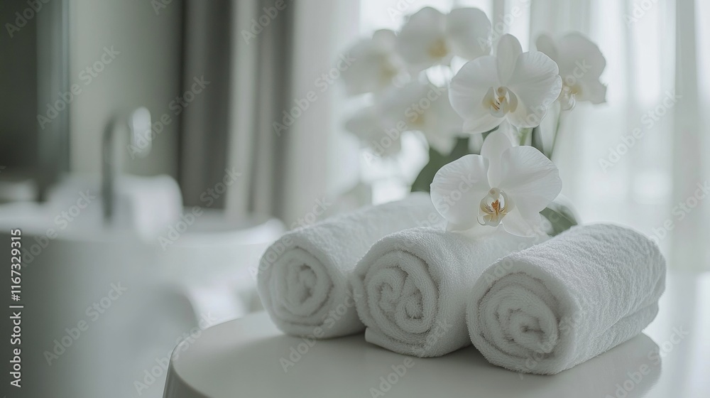 Luxury spa center featuring white towels and orchids for relaxation and wellness treatments