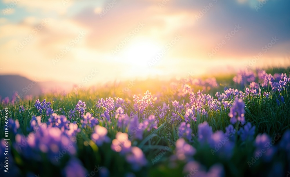Fototapeta premium Photo of Stokksnes with vast Icelandic mountains and sea, purple hyacinth flowers in the foreground, sunlight rays on blue sky, green meadows near river bank, landscape photography