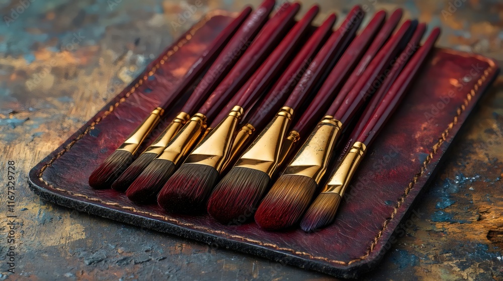 A leather pouch with a set of paintbrushes inside A leather pouch with a set of paintbrushes inside