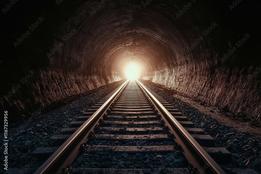 Creative graphic of a tunnel scene with prominent train tracks. Creative graphic of a tunnel scene with prominent train tracks.
