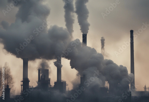 A massive factory releases dense smoke into the air engulfing the surroundings in a cloud of polluti photo