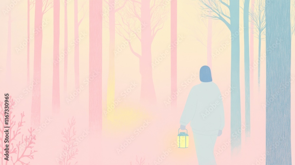 Dreamlike spring forest walk featuring a woman in pastel tones Dreamlike spring forest walk featuring a woman in pastel tones