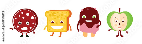 Cute Food Product with Smiling Face Vector Set