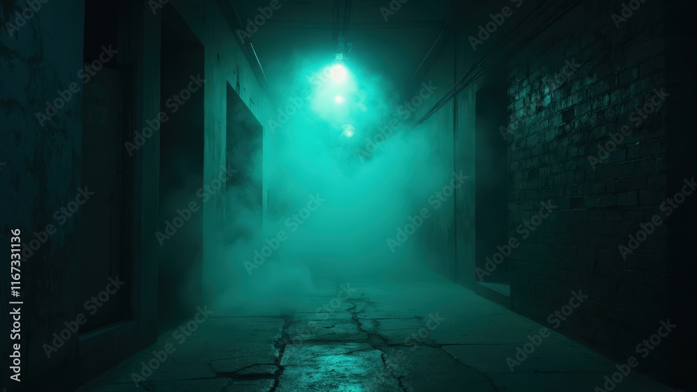 Eerie Alleyway: Mysterious Fog and Green Light in a Dark Cityscape Eerie Alleyway: Mysterious Fog and Green Light in a Dark Cityscape