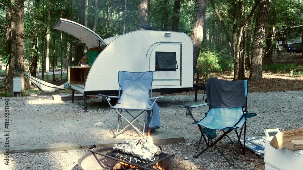Dolly shot of teardrop trailer with food cooking over a campfire in the woods.