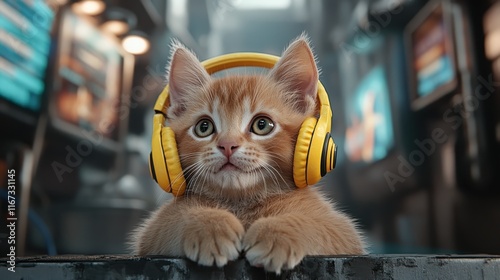 This adorable orange tabby kitten, sporting bright yellow headphones, looks intrigued and ready to embrace the fun and vibrant atmosphere of listening to music. photo