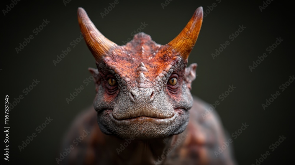 An imposing close-up of a triceratops, revealing its textured features and imposing horns, evokes feelings of strength and resilience as we glimpse into the age of dinosaurs. An imposing close-up of a triceratops, revealing its textured features and imposing horns, evokes feelings of strength and resilience as we glimpse into the age of dinosaurs.