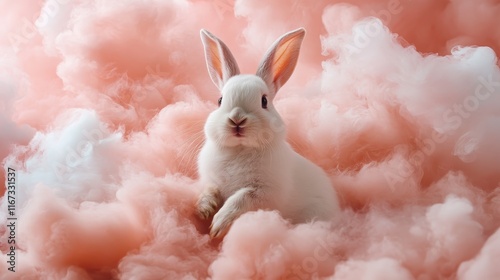 A cute white rabbit sits peacefully amidst fluffy pink clouds, capturing a whimsical and dreamy atmosphere that radiates joy and innocence in a magical setting. photo