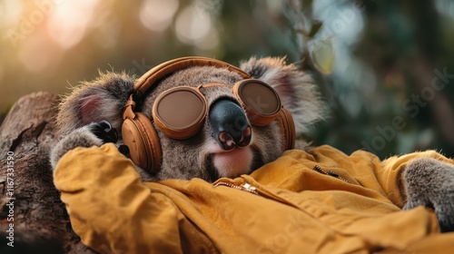 A fashionable koala sporting headphones and sunglasses lounges effortlessly under the sunlight, representing a fun blend of style, relaxation, and the laid-back Australian lifestyle.