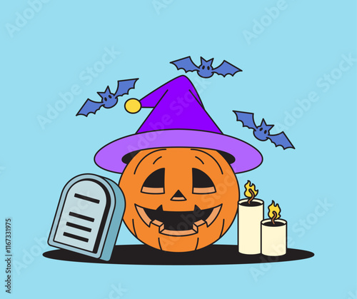 Magical Halloween Pumpkin with Witch Hat and Bats against a Sky Blue Background Cartoon Retro Hand drawn Vector illustration