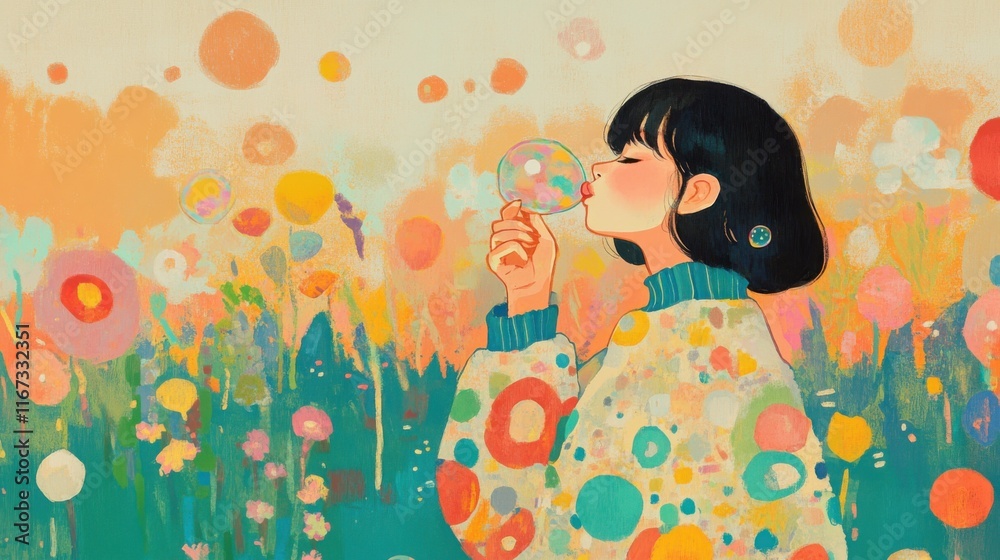 Dreamy springtime in pastel colors: a girl in a floral landscape Dreamy springtime in pastel colors: a girl in a floral landscape