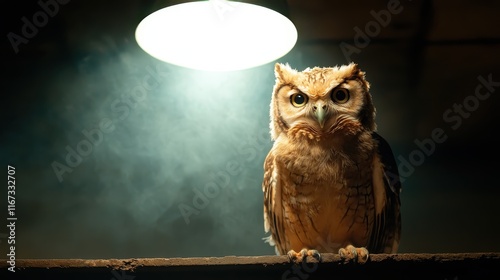 A stunning owl gazing directly into the camera, beautifully lit by soft indoor lighting, portraying wisdom and mystery in its captivating gaze. photo