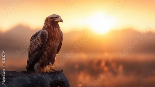 A majestic golden eagle perches on a vehicle rooftop, illuminated by the warm glow of a stunning sunset, showcasing its vibrant plumage and fierce gaze. photo