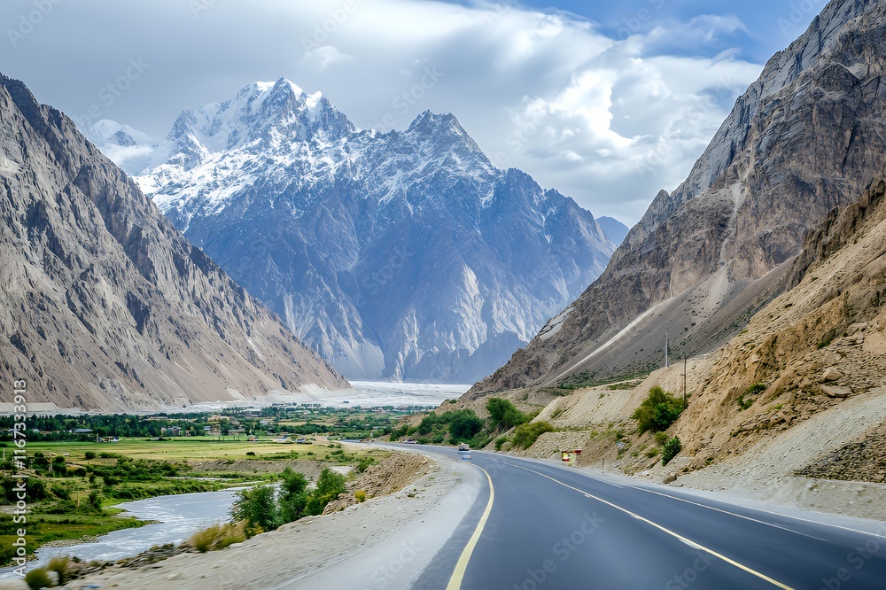 Naklejka premium Majestic Mountain Road Scenic Valley Landscape