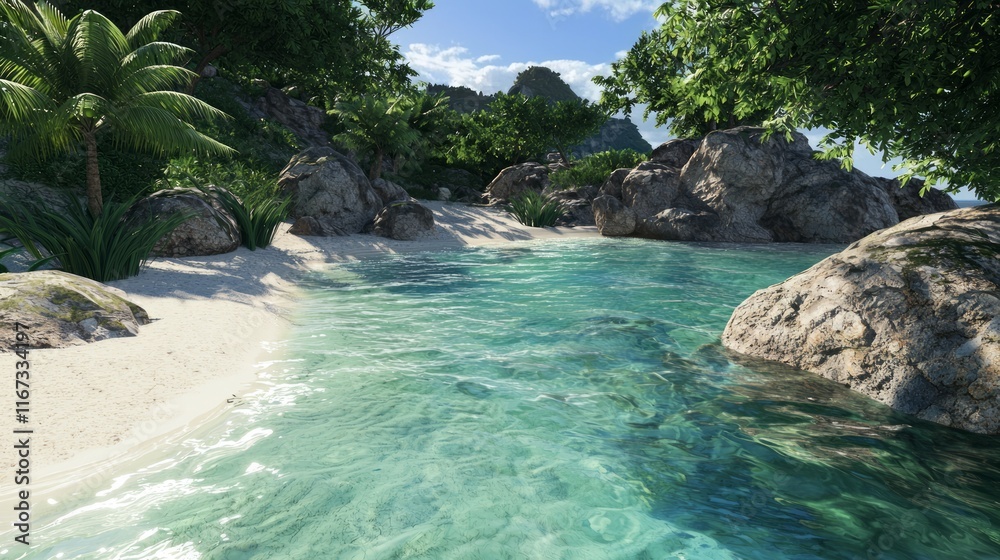 Tranquil Cove - Serene Turquoise Waters and Smooth Rocks on Peaceful Shoreline | Photorealistic Scene of Calm and Tranquility