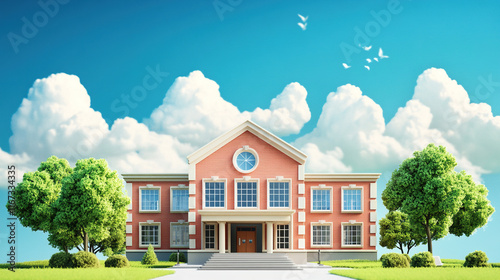 3D Illustration of a Generic School Building Showcasing a Basic Design with Simple Architecture and Classic Red Brick Exterior