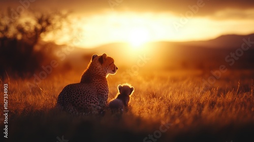 A tender moment captured of a cheetah cub resting beside its mother while watching the sunset, reflecting the bond of love and protection in the wild.