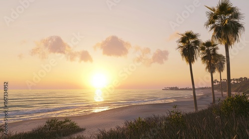 Golden Dawn: Photorealistic Serene Coastal Vista with Silhouetted Palm Trees and Gentle Waves