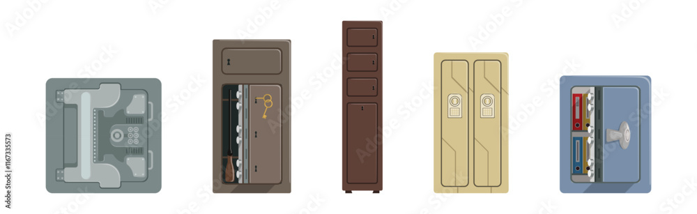 Fototapeta premium Security Metal Safe Deposit Box for Money Saving Vector Set