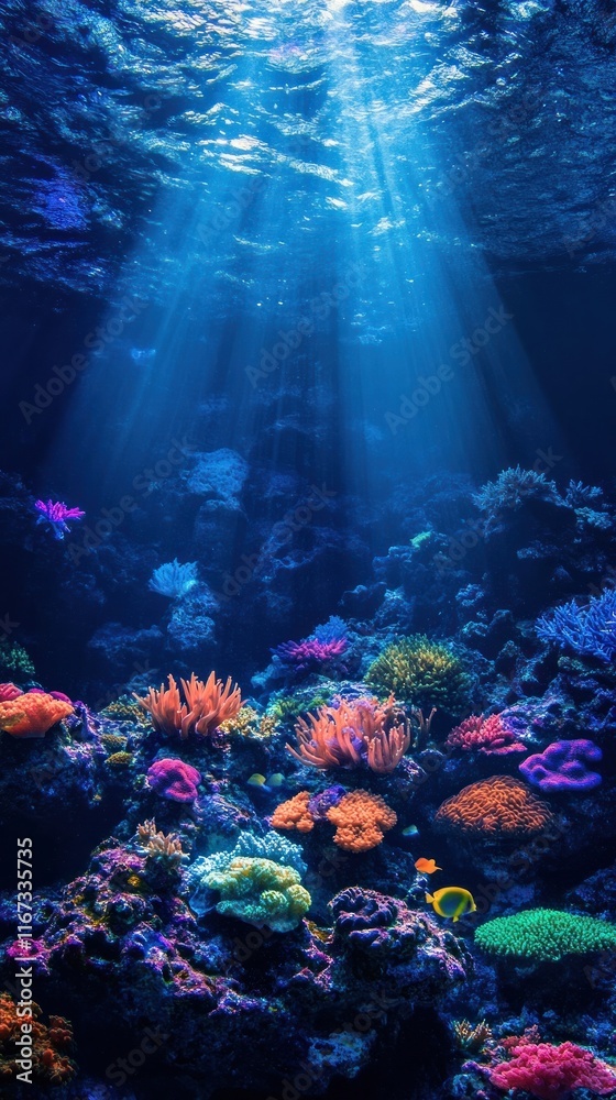 Fototapeta premium Vibrant Underwater Coral Reef Teeming with Diverse Marine Life Stunning Seascape of a Tropical Oceanic Ecosystem Filled with Colorful Fish and Vibrant Coral Formations