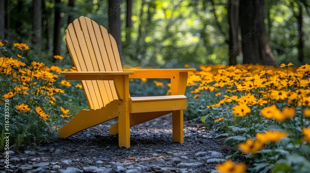 A yellow chair is sitting in a field of yellow flowers A yellow chair is sitting in a field of yellow flowers