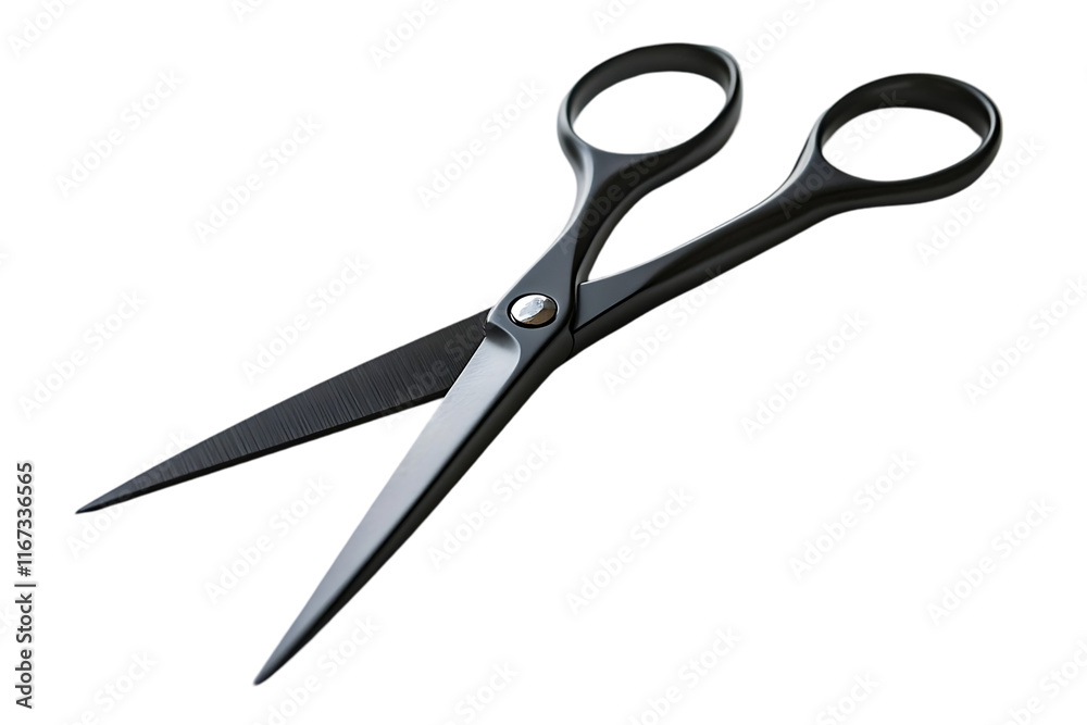 A pair of black scissors with rounded handles, designed for cutting. A pair of black scissors with rounded handles, designed for cutting.