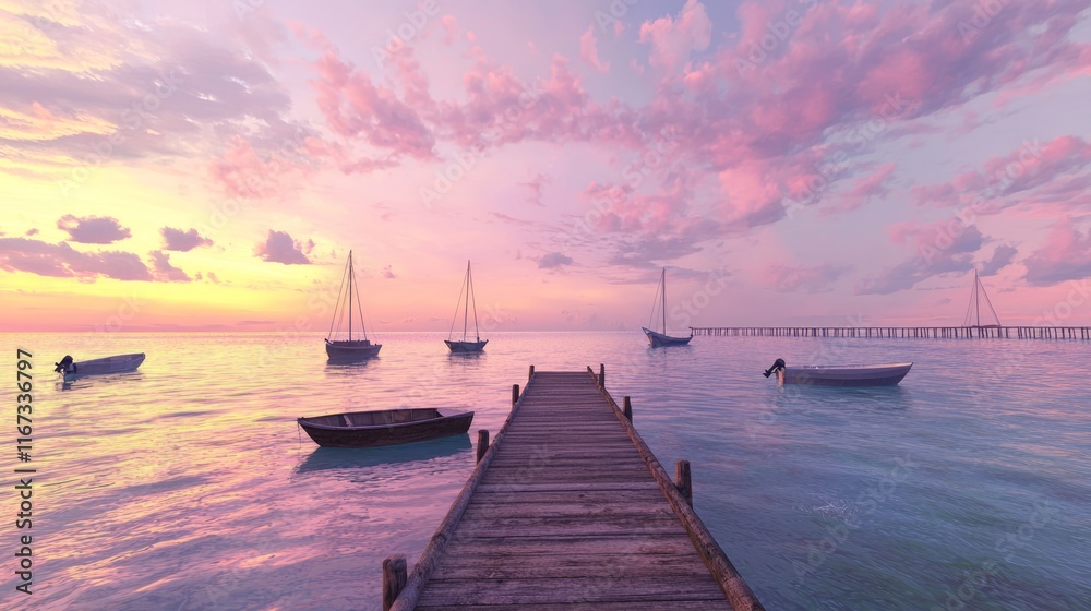 Obraz premium Tranquil Coastal Retreat: Photorealistic Sunset View with Wooden Pier, Boats, and Pastel Sky